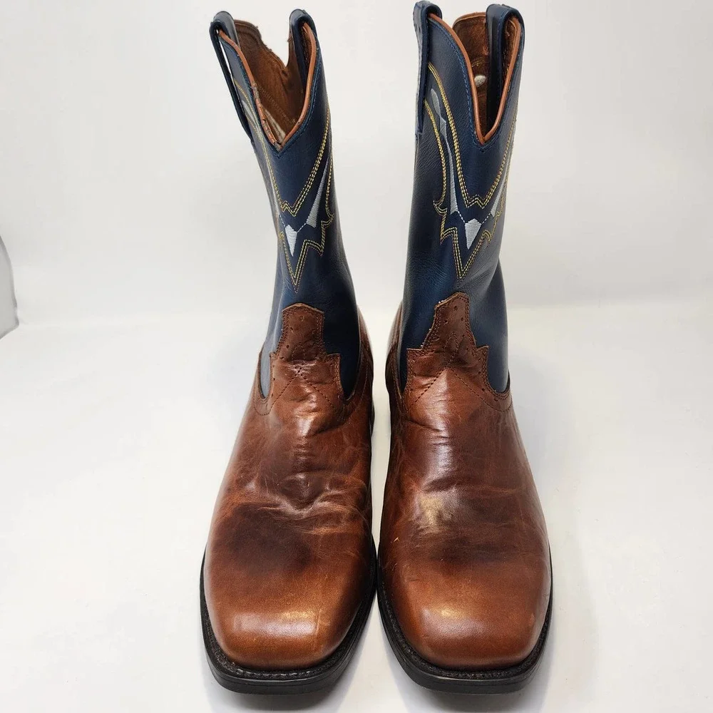 Road Wolf Mens Blue Brown Leather Western Cowboy Boots 8 M Broad Square Toe